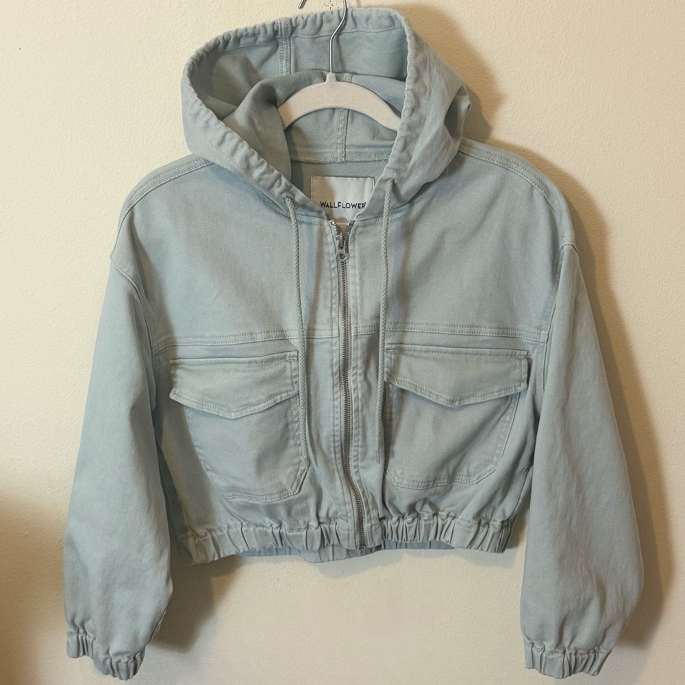 Wallflower Soft Blue Zip-Up Cropped Hoodie